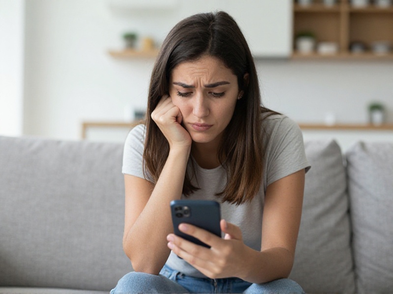 Mujer joven mirando su teléfono con expresión pensativa en un salón moderno con luz natural, mientras revisa un chat de citas intermitente