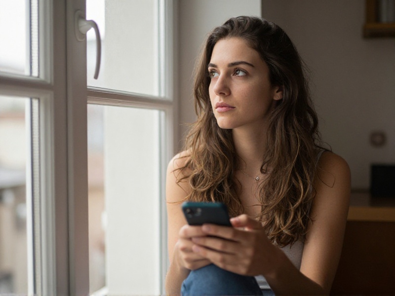 Una mujer joven sentada junto a una ventana con luz natural suave, mirando su teléfono con expresión reflexiva y serena en un ambiente hogareño acogedor.