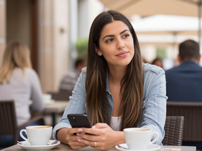 Persona pensativa mirando su teléfono con varias conversaciones abiertas en una cafetería luminosa, luz natural cálida, ambiente tranquilo de tarde