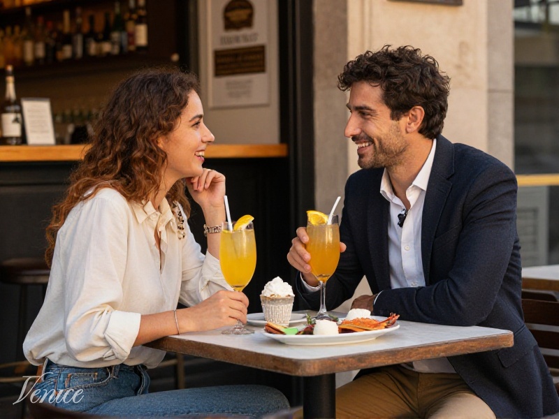 Pareja joven española conversando relajadamente en una terraza de tapas a la luz suave de la tarde, ambiente casual y mediterráneo