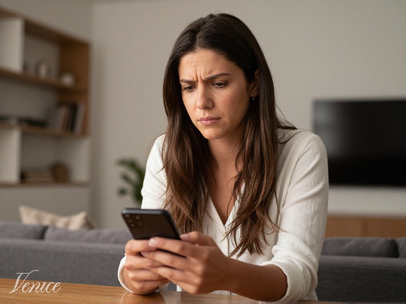 Persona revisando con cautela el perfil de una app de citas en su teléfono, expresión de duda, ambiente moderno con luz natural suave