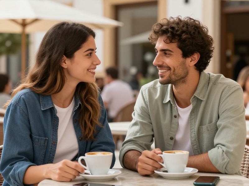 Pareja joven española conversando con respeto y simpatía mientras toman café en una terraza soleada, dos smartphones sobre la mesa, ambiente moderno y cordial
