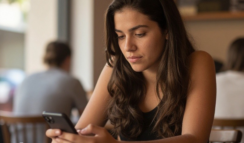 Persona joven mirando pensativa el móvil con un chat de citas abierto, expresión reflexiva, luz cálida de tarde en un ambiente acogedor