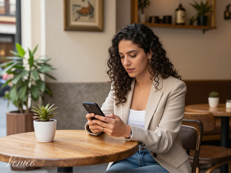 Mujer hispana de unos 28 años sentada en un café moderno de Madrid comparando tres aplicaciones de citas en su teléfono móvil, con luz natural entrando por la ventana y un ambiente acogedor