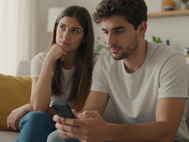 Una pareja joven conversa con calma en el sofá de casa mientras uno de ellos sostiene el teléfono con la pantalla a la vista, luz cálida de tarde.