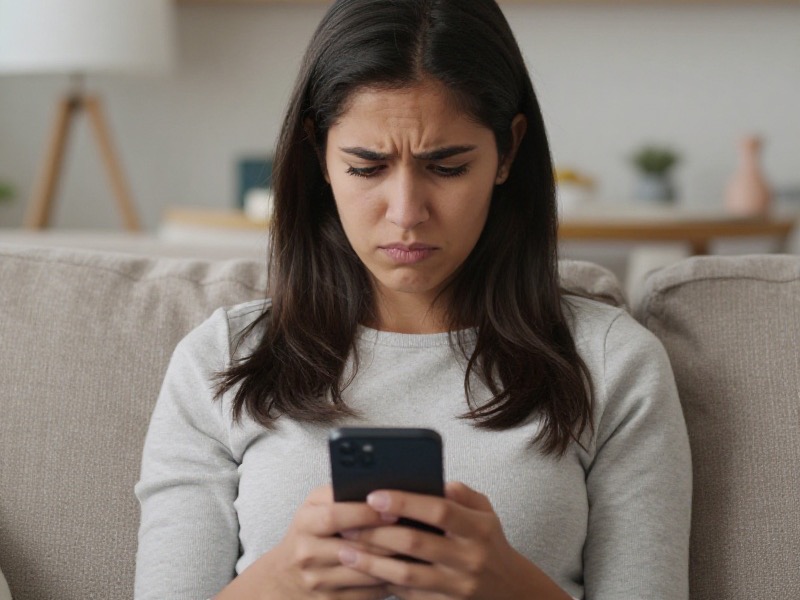 Persona joven mirando su teléfono con expresión pensativa mientras revisa su perfil en una app de citas, con luz natural suave en un espacio interior moderno.
