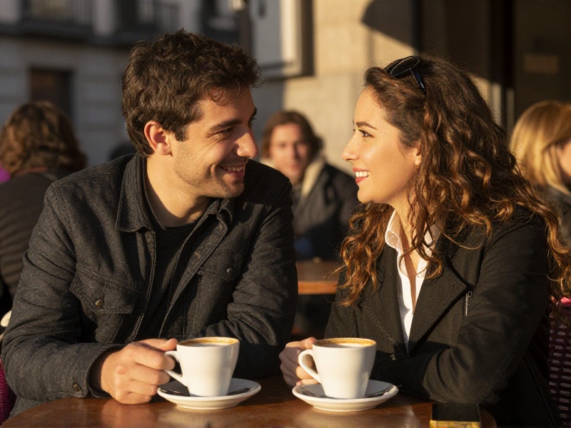Pareja joven conversando y riendo en una cafetería acogedora durante una primera cita, con dos tazas de café sobre la mesa y luz cálida de tarde