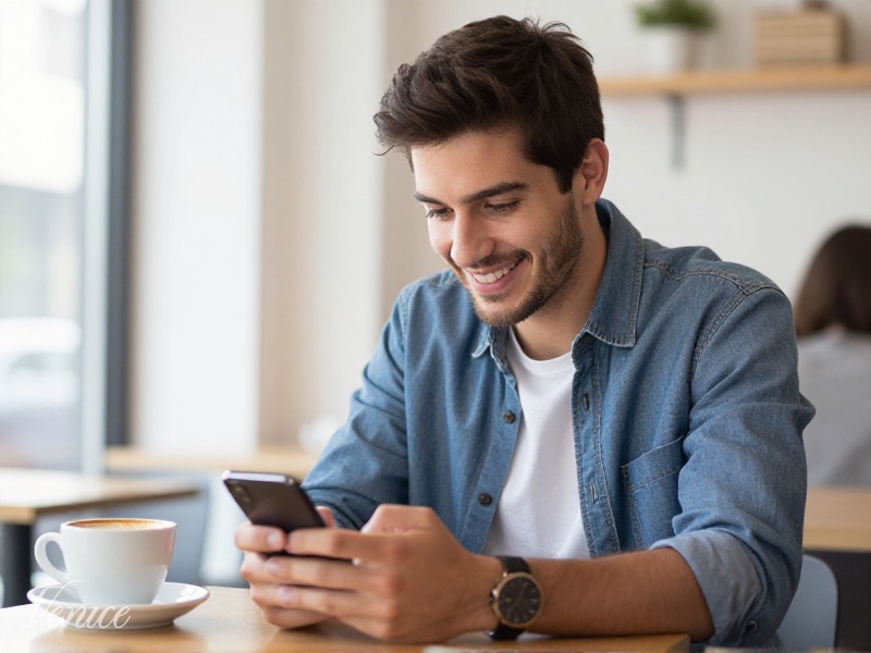 Joven español escribiendo con una sonrisa el primer mensaje en una app de citas desde el móvil, ambiente luminoso de café, tono relajado