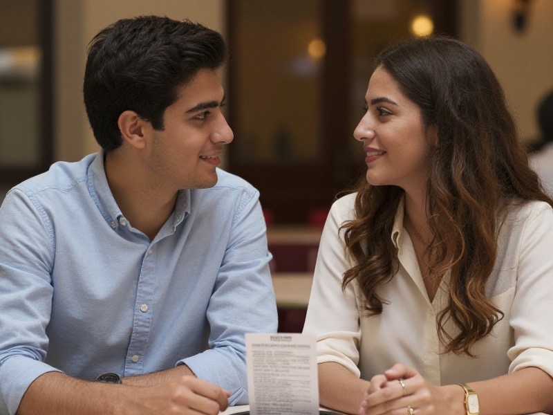 Una pareja joven latinoamericana conversa sonriendo en la terraza de una cafetería mientras el camarero deja la cuenta sobre la mesa al atardecer.