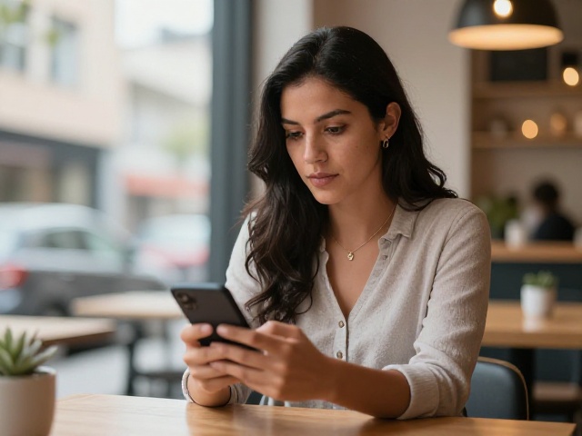 Mujer revisando perfil de citas online con precaucion