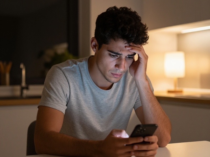 A young man in his early twenties sits alone at a kitchen table late at night in a small apartment in Spain, holding his phone with both hands and looking worried, a warm lamp lighting the room, photorealistic candid photo.