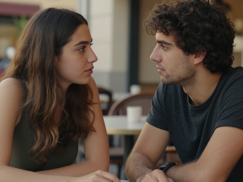 Pareja joven sentada frente a frente en una cafetería con luz de tarde, mirándose en silencio con expresión de duda mientras uno sostiene el móvil sobre la mesa