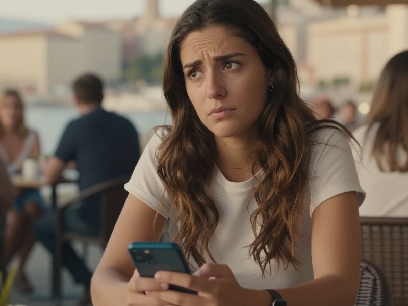 Una mujer joven sentada en la terraza de una cafetería al atardecer aparta discretamente la mirada con expresión de incomodidad contenida mientras su acompañante habla y gesticula, bajo una luz cálida de verano