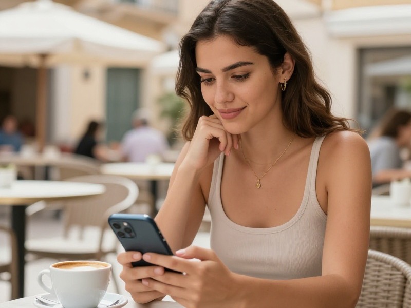 Pareja sonriente sentada en un sofá luminoso de casa mirando juntos el teléfono con luz natural suave